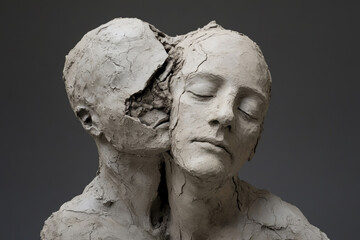 Two clay human sculptures shown in the process of separating from each other, with intricate crack patterns and broken fragments representing psychological detachment.