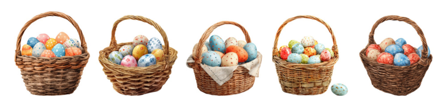 Happy Easter egg hunt collection featuring vintage watercolor baskets. Charming spring set with floral decorations, ideal for festive cards and invitations.