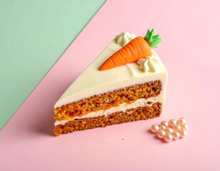Carrot cake slice with frosting, carrot decor, and pink pearls