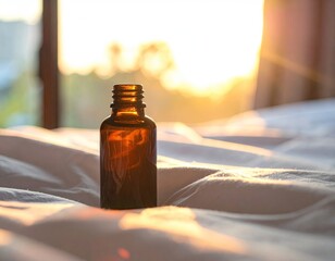 Brown bottle on white bed, warm golden sunlight backdrop