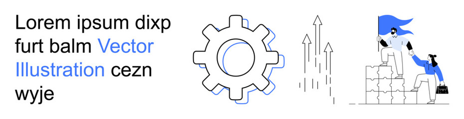 Business development, teamwork, progress, strategic planning, innovation, leadership. A gear, a team climbing blocks and arrows rising. Business development and teamwork illustrated