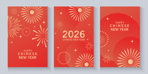 set of Chinese New Year 2026 poster ,cards, banner hongbao red envelope design vector. Luxury card template design with frame, lantern, cloud, flower in gold line art. Oriental illustration for cover,