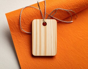 Wood tag & string laying on orange paper