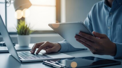 Man works on laptop, holding tablet, with bright window light backdrop