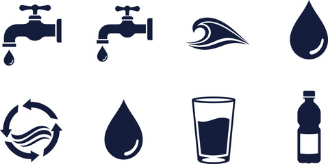 Collection of thin line icons representing plumbing and water supply elements, including pipes, joints, valves, faucets, a pressure gauge, water drops, and a wrench, all on a clean white background