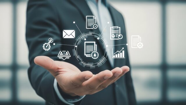 Man's hand presents data icons, digital symbols, against blurred backdrop - Powered by Adobe