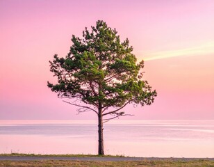 Lone tree on shore, pink sky & water, tranquil scenic view