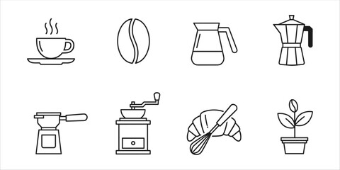 Set of coffee and breakfast outline icons: cup, beans, grinder, moka pot, croissant, cezve

