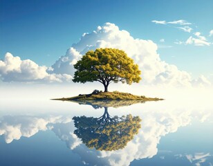 Single tree on small isle mirroring in water, clouds above