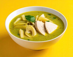 Creamy green soup with bamboo shoots and sliced chicken