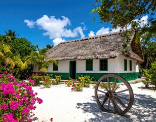 Thatched-roof house with white walls amid flora