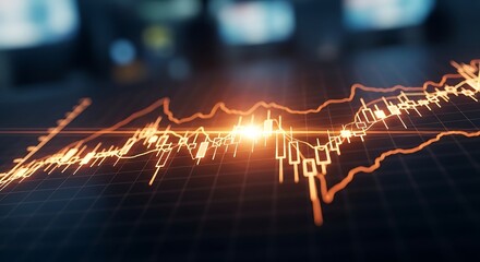 Abstract glowing orange financial candlestick chart line graph showing stock market data analysis with bright light flare in dark digital environment