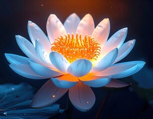 Glowing lotus pristine white petals, radiant gold center