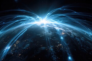 Rendered image of Earth with emanating bright beams forming an abstract, celestial display