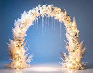 Floral archway, white flowers, shimmering strands, dreamy light