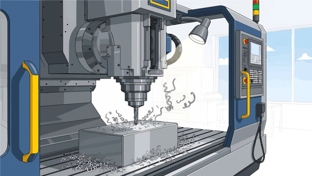 Industrial CNC Milling Machine Manufacturing Metal Part with Chips
