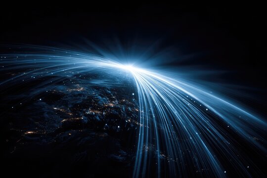 Abstract depiction of light beams radiating from a distant point toward a nighttime Earth - Powered by Adobe