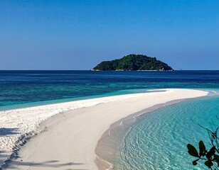 Tropical island; white sandbar curves into turquoise sea