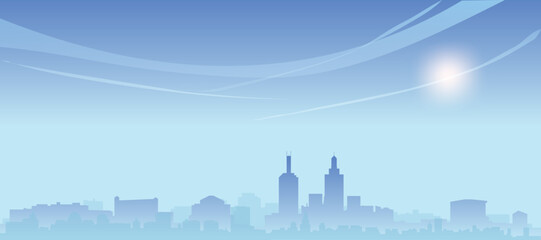 Obraz premium Blue panoramic poster of the city skyline with misty background buildings and clouds of MELBOURNE, AUSTRALIA