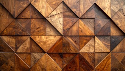 A geometric wooden wall composed of square tiles, each split into two triangles with varied grain and tone, forming a textured grid pattern ideal for architectural design and interior styling.