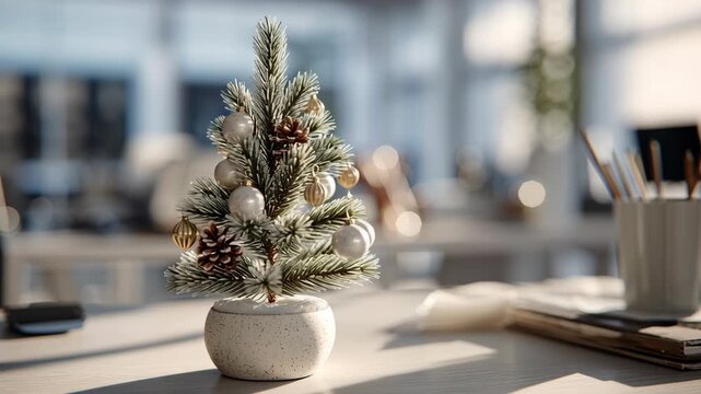 Tiny desktop christmas tree, miniature christmas tree on an office tabletop, soft natural daylight, simple decorations, subtle winter charm