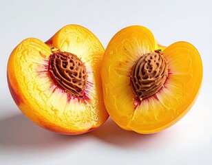 Sliced peach halves, pit centered, vibrant colors, isolated