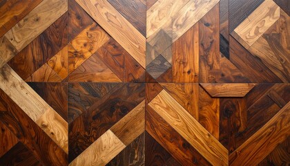 A geometric wooden wall composed of square tiles, each split into two triangles with varied grain and tone, forming a textured grid pattern ideal for architectural design and interior styling.