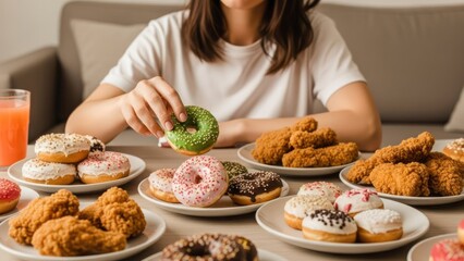 Person choosing donut amidst a table overloaded with fried chicken and donuts
