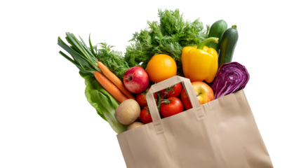 Fresh produce overflowing from a brown paper bag on a black background