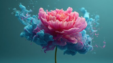 macro shot of a surreal flower with sharp pink petals and a cloud of swirling blue ink
