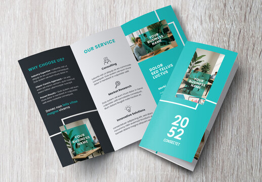 Corporate brochure design template &ndash; Professional modern tri-fold leaflet with geometric layout and business theme in Green and White