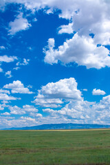 Obraz premium Panoramic view of sky with clouds over green field. Beautiful landscape with fluffy clouds.