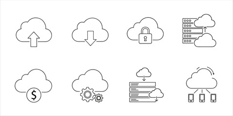 Obraz premium Cloud computing icons: upload, download, security, server, sync, settings, finance, network 