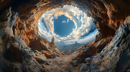 Surreal view of cloudy sky and distant mountain range from inside a rocky cave