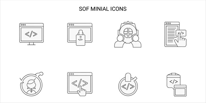 Minimal coding and software development icons: secure code, UX, mobile, desktop, debugging
