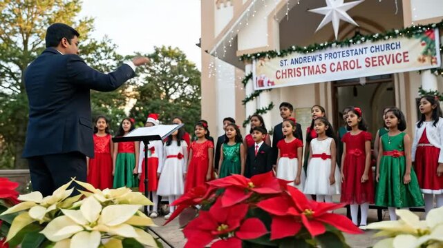 Man conducting a childrens choir performing Christmas carols in front of a decorated protestant church during a holiday service.