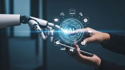 Robot arm reaching for a hand holding a phone with an AI interface overlayed