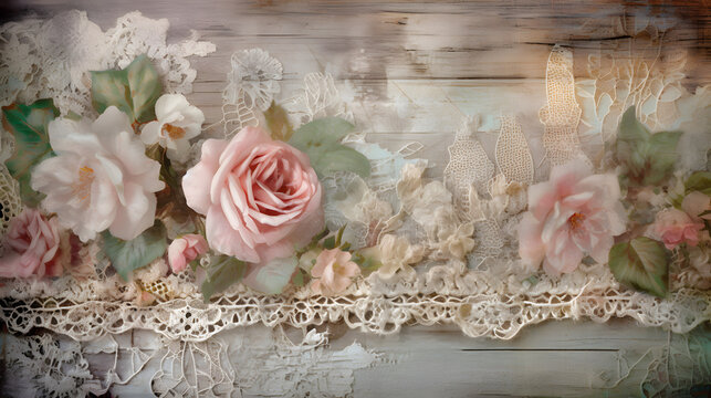 Beautiful pink roses and white flowers with lace overlays on rustic wood background, evoking a delicate vintage floral romance concept
