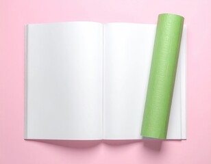 Open blank book with lime roll; pink background