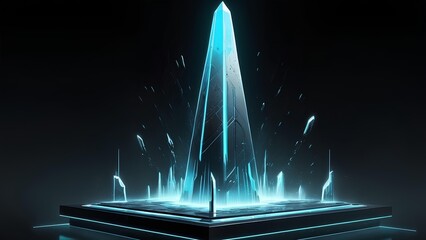 Futuristic pedestal with a glowing blue energy beam emanating upwards, creating a mystical and sci-fi ambiance