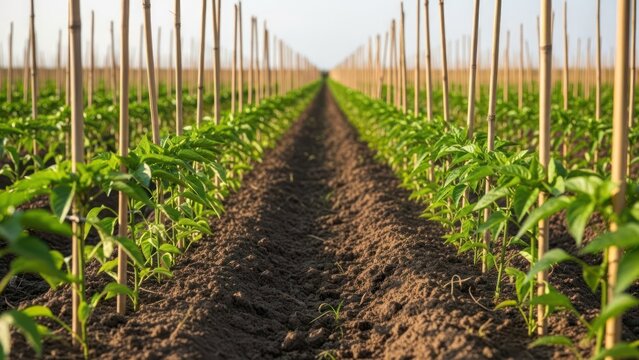 Row crop aligned saplings supported by stakes in a farm, extending to vanishing pt