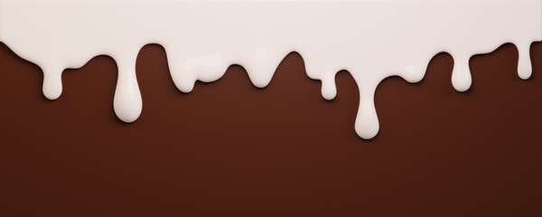 White ice cream melt with glossy drips on a chocolate background. Texture for dessert designs or summer graphics. Liquid flows down in curved streams for advertisements. 3d render

