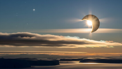 Stunning partial solar eclipse casts dramatic light over icy polar landscape at twilight with visible stars