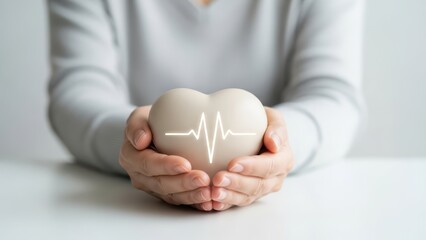 Hands tenderly holding a pristine white heart with a bright ECG line, representing vital cardiac health, medical care, and holistic wellness support
