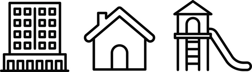 Outline vector icon set featuring residential buildings and a playground structure isolated on white background