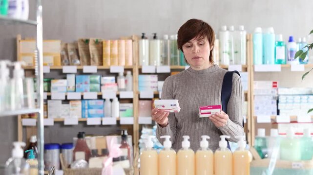 Woman in autumn clothes buys paracetamol medicine at a pharmacy. High quality 4k footage