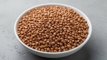 Simple white bowl filled with dry buckwheat grains on a grey textured surface