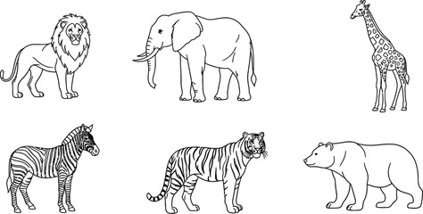 Set of six animal outline vector icons including lion elephant giraffe zebra tiger and bear isolated on white background