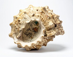 Globe nestles inside a textured, ridged seashell