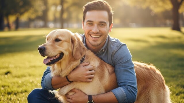 Smiling man embraces golden retriever in sunlit park on grassy field - Powered by Adobe